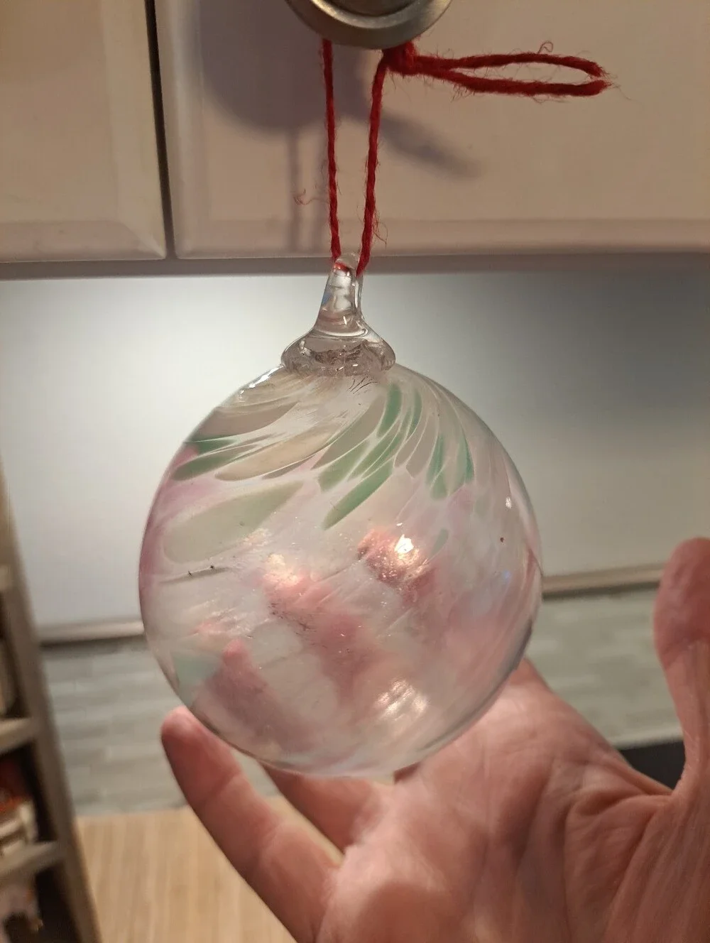 Hand Blown Glass Christmas Ball Ornament Bauble Witch Orb Pink 4”